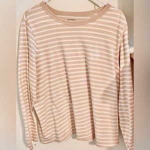 Women’s 2X Old Navy Beige & White Striped Long Sleeved Crew Tee Fits XL-2X